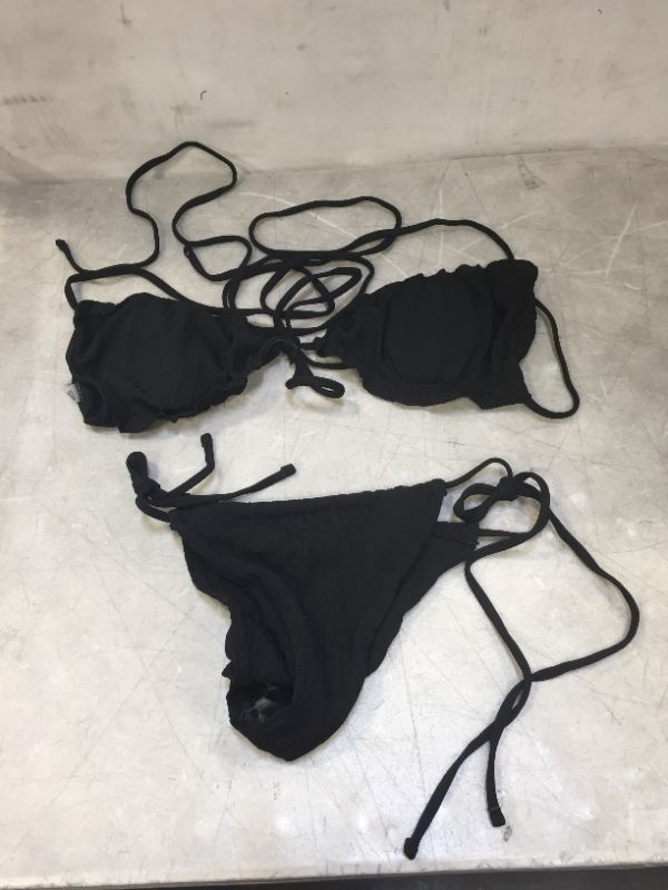 Photo 2 of ZAFUL Women's Strapless Ribbed Tie Back Ruffle Cutout Bandeau Bikini Set Swimsuit BLACK, XL