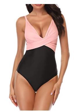 Photo 1 of B2prity Women's Monokini Front Cross One Piece Swimsuits Tummy Control Swimwear PINK, MEDIUM