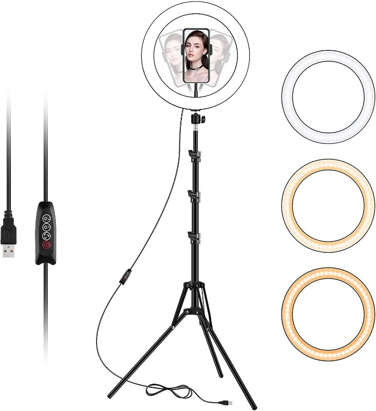 Photo 1 of 10 inch Ring Light with Tripod Stand and Phone Holder (Ringlight Kit Totally 70" Tall), USB Powered Circle Light for Phone Selfie Photo, Video Recording, TikTok Streaming (10 inch)
