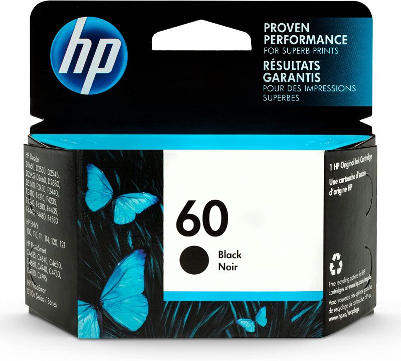 Photo 1 of Original HP 60 Black Ink Cartridge | Works with DeskJet D1660, D2500, D2600, D5560, F2400, F4200, F4400, F4580; ENVY 100, 110, 120; PhotoSmart C4600, C4700, D110a Series | CC640WN
