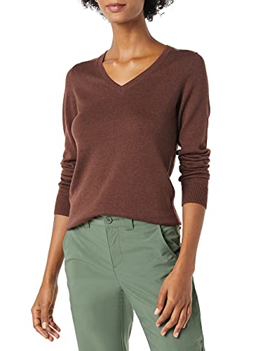 Photo 1 of Amazon Essentials Women's Lightweight V-Neck Sweater, Dark Chestnut Brown Heather, Large
