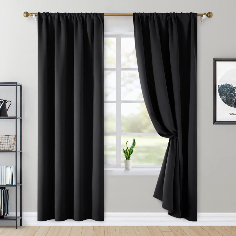 Photo 1 of 2 Panels Black Blackout Curtains Pocket Curtains for Bedroom, 52 X 84 Inch Room Darkening Curtains, Thermal Insulated Window Treatment Curtains/Drapes for Living Room