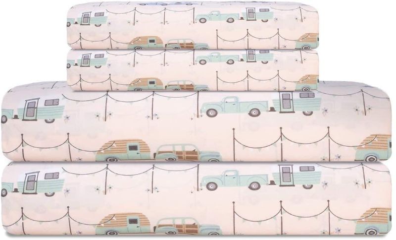 Photo 1 of Elite Home Products Microfiber 90 GSM Whimsical Printed Deep-Pocketed Sheet Set, Camper Caravan, Twin
