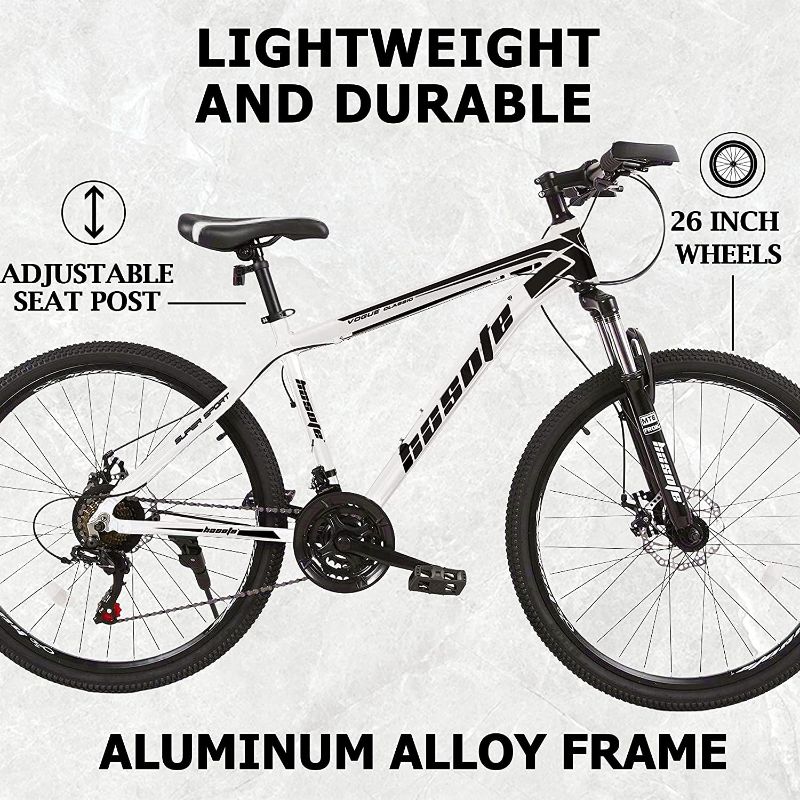 Photo 1 of hosote 26 Inch Mountain Bike with Aluminum Frame for Men and Women, Shimano 21 Speeds Lightweight MTB Bicycle with Suspension Fork, Dual Disc Brake, color white
