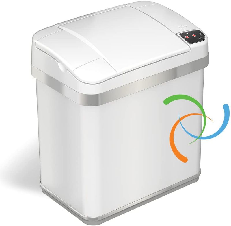 Photo 1 of iTouchless 2.5 Gallon Sensor Trash Can with Odor Filter and Fragrance, Touchless Automatic Stainless Steel Waste Bin, Perfect for Office and Bathroom, Pearl White
