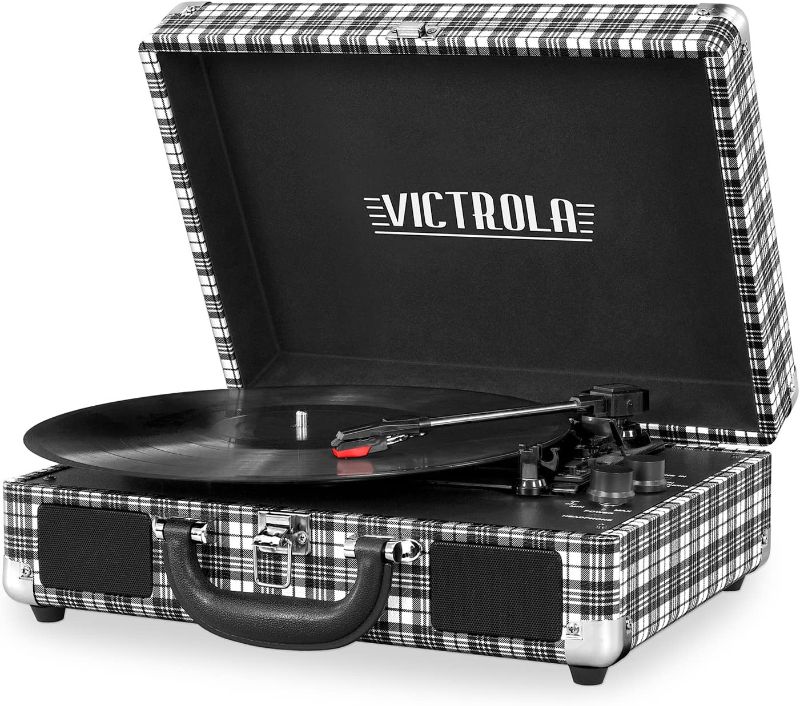 Photo 1 of Victrola Vintage 3-Speed Bluetooth Portable Suitcase Record Player with Built-in Speakers | Upgraded Turntable Audio Sound| Includes Extra Stylus | Black & White
