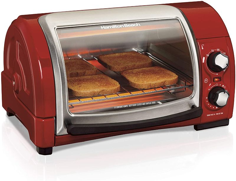 Photo 1 of Hamilton Beach Easy Reach Countertop Toaster Oven, 4-Slices, Red - BROKEN HANDLE 
