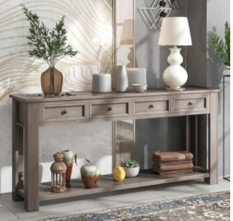 Photo 1 of 64 in. Gray Wash Standard Rectangle Wood Console Table with Storage Drawers and Bottom Shelf
