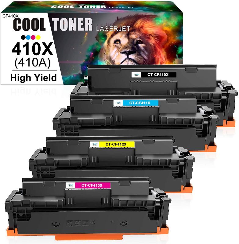 Photo 1 of Cool Toner Compatible Toner Cartridge Replacement for HP 410X 410A CF410A Color Pro MFP M477fnw M477fdw M477fdn M452dn M452dw M452nw M477 M452 Printer Ink (Black Cyan Yellow Magenta, 4-Pack)
