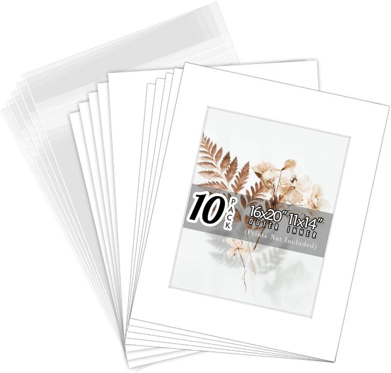 Photo 1 of  Golden State Art, Pack of 10 White Pre-Cut 16x20 Picture Mat for 11x14 Photo with White Core Bevel Cut Mattes Sets. Includes 10 High Premier Acid Free Mats & 10 Backing Board & 10 Clear Bags
