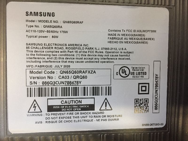 Photo 1 of SAMSUNG QN65Q60RAFXZA Flat 65" QLED 4K Q60 Series (2019) Ultra HD Smart TV -- box a little damagerd -- 