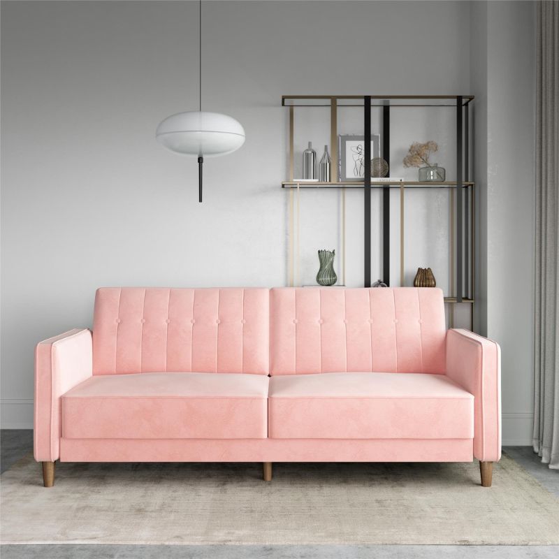 Photo 1 of 78 X 28 PINK FOLD OUT COUCH - MAJOR DAMAGE TO LEGS/MAJOR DIRT STAINS 