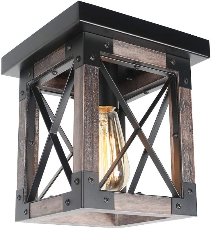 Photo 1 of Baiwaiz Square Wood Rustic Ceiling Light Fixture, 1-Light Black Metal Farmhouse Flush Mount Ceiling Lighting Small Industrial Cage Entry Hallway Light Edison 
