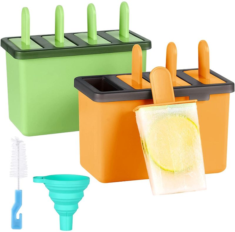 Photo 1 of Popsicle Molds with Sticks, 8 Ice Pop Makers Reusable DIY Popsicles Tray Holders with Silicone Funnel, Cleaning Brush, Green & Orange