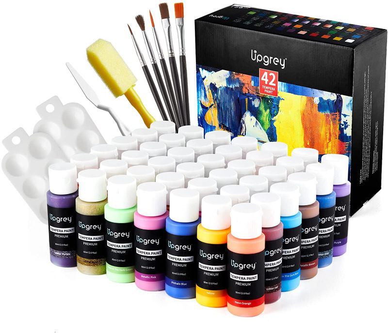 Photo 1 of 42 Colors Washable Tempera Paints, 60ML Kids Poster Paint Non-Toxic Include 16 Basic, 8 Neon, 8 Metallic, 8 Glitter, 2 Glow with Palettes, Spatula, Sponge and Brushes for Poster Painting Finger Paints
