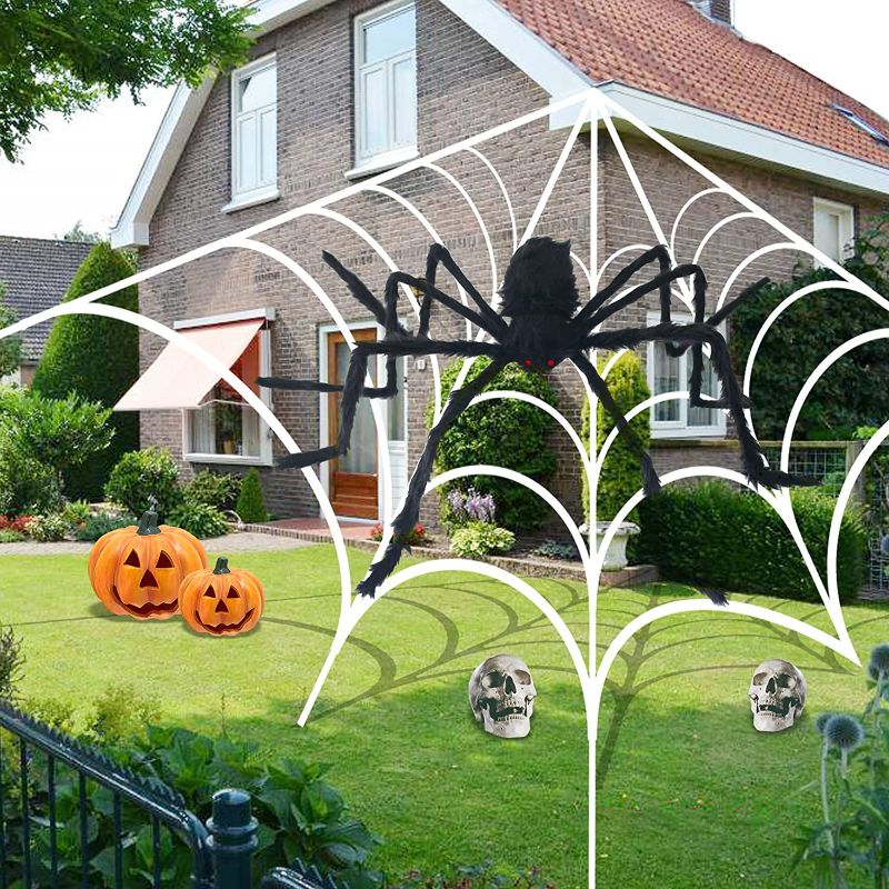 Photo 1 of  200" Triangular Spider Web+59" Giant Spider, Spider Webs Halloween Decorations for Indoor Outdoor Yard, Scary Fake Spider, Large Spider Web with Hook for Costumes Parties Haunted House Decor