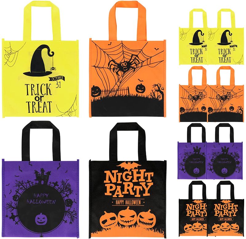 Photo 1 of  8 Packs Halloween Non-Woven Bags Trick or Treat Gift Bags Party Goodie Tote Bags Treat Bag with Handles Party Favors, 9 by 9 Inches, 4 Colors
3 pack 