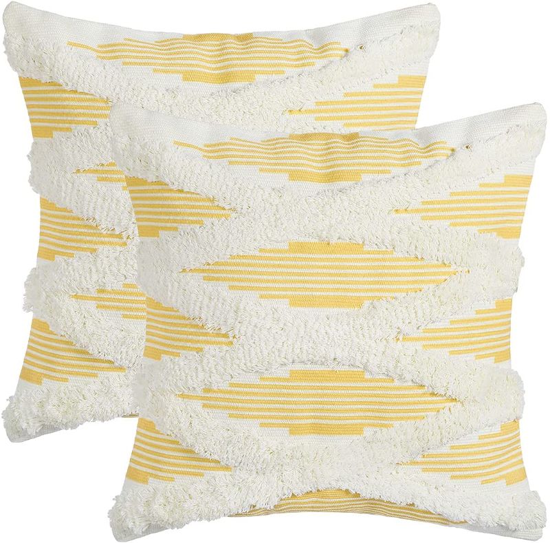 Photo 1 of 2 Pack Modern Boho Decorative Throw Pillow Covers 20 x 20 Inch Tribal Tufted Hand Woven Pillowcase Square Pillow Sham Pillowcase Neutral Accent Cushion Cover for Couch Sofa Bed Bedroom Yellow