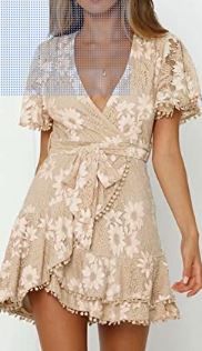 Photo 1 of FIYOTE Womens Summer Lace Wrap Mini Dresses Floral V Neck Short Sleeve Dress with Belt
size XL