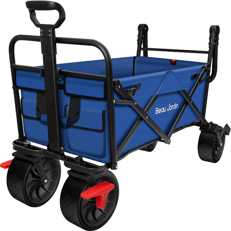 Photo 1 of BEAU JARDIN Folding Wagon Cart with Brakes Free Standing Collapsible Utility Camping Grocery Canvas Fabric Sturdy Portable Rolling Buggies Outdoor Garden Sport HeavyDuty Shopping Cart Push Wagon Blue
