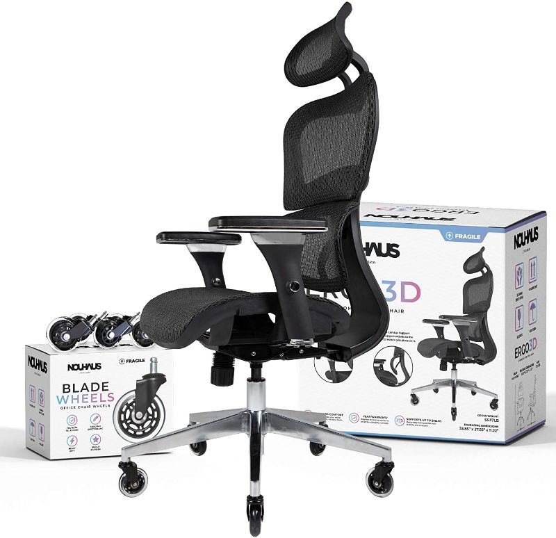 Photo 1 of NOUHAUS Ergo3D Ergonomic Office Chair - Rolling Desk Chair with 3D Adjustable Armrest, 3D Lumbar Support and Blade Wheels - Mesh Computer Chair, Gaming Chairs, Executive Swivel Chair (Black)
