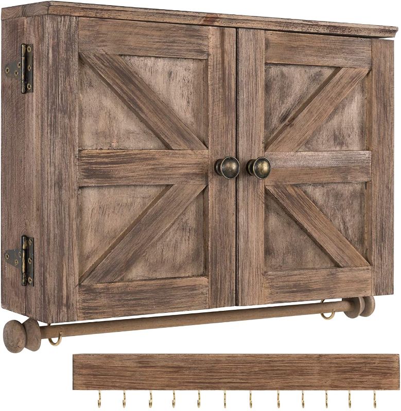 Photo 1 of 4 PACK Rustic Wall Mounted Jewelry Organizer with Wooden Barndoor Decor. Jewelry holder for Necklaces, Earings, Bracelets, Ring Holder, and Accessories. Includes hook organizer for hanging jewelry (Brown)

