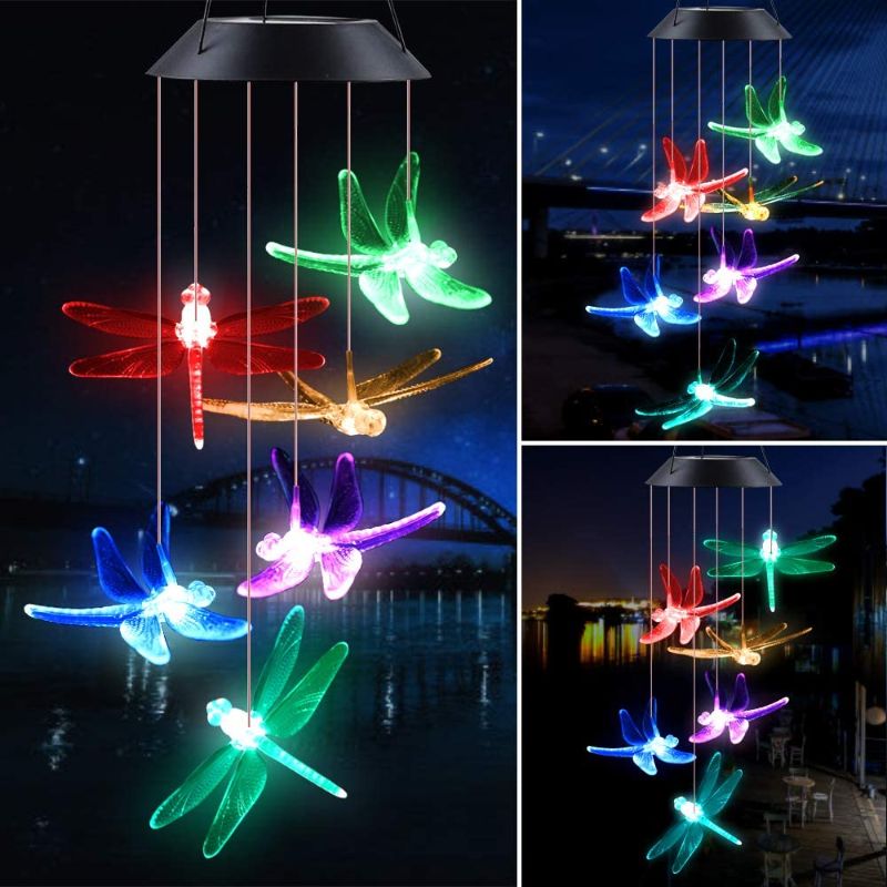 Photo 1 of 4 PACK DRAGONFLY Wind Chime Solar Lights --------to test them, cover the solar screen and turn on
