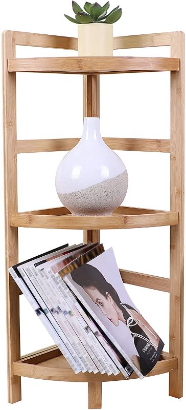 Photo 1 of 3 Tier Bamboo Corner Shelf Storage Rack, Free Standing Corner Rack Multipurpose Shelving Unit, Living Room Bathroom Kitchen Shelf Storage, 33.5''
