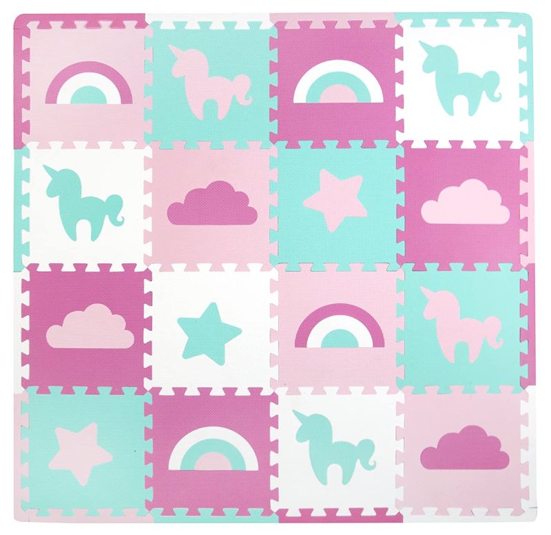 Photo 1 of Tadpoles Baby Play Mat, Kid's Puzzle Exercise Play Mat – Soft EVA Foam Interlocking Floor Tiles, Cushioned Children's Play Mat, 16pc, Unicorns and Rainbows, Pink, 50x50
