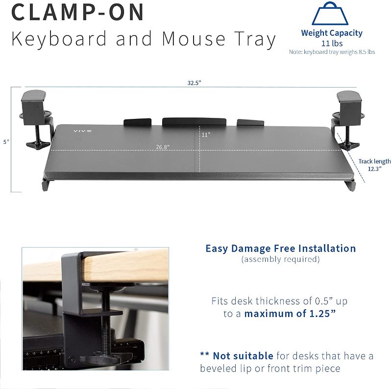 Photo 1 of Large Clamp-on Computer Keyboard and Mouse Under Desk Mount Slider Tray, 27 (33 Including Clamps) x 11 inch Pull Out Platform Drawer, Light Wood Tray, White Frame, MOUNT