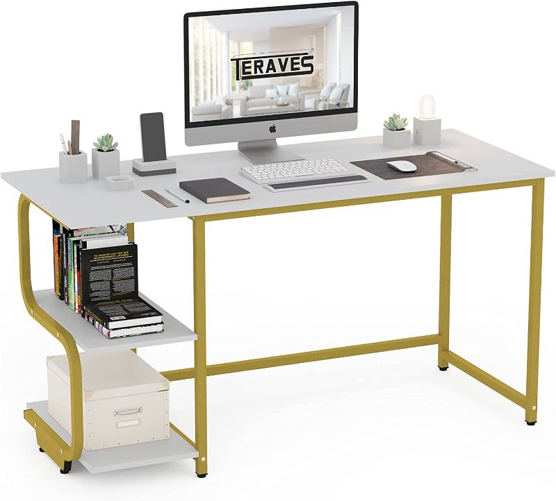 Photo 1 of Teraves Reversible Computer Desk for Small Spaces with Shelves,47 inch Gaming Desk Office Desk for Home Office WHITE GOLD
