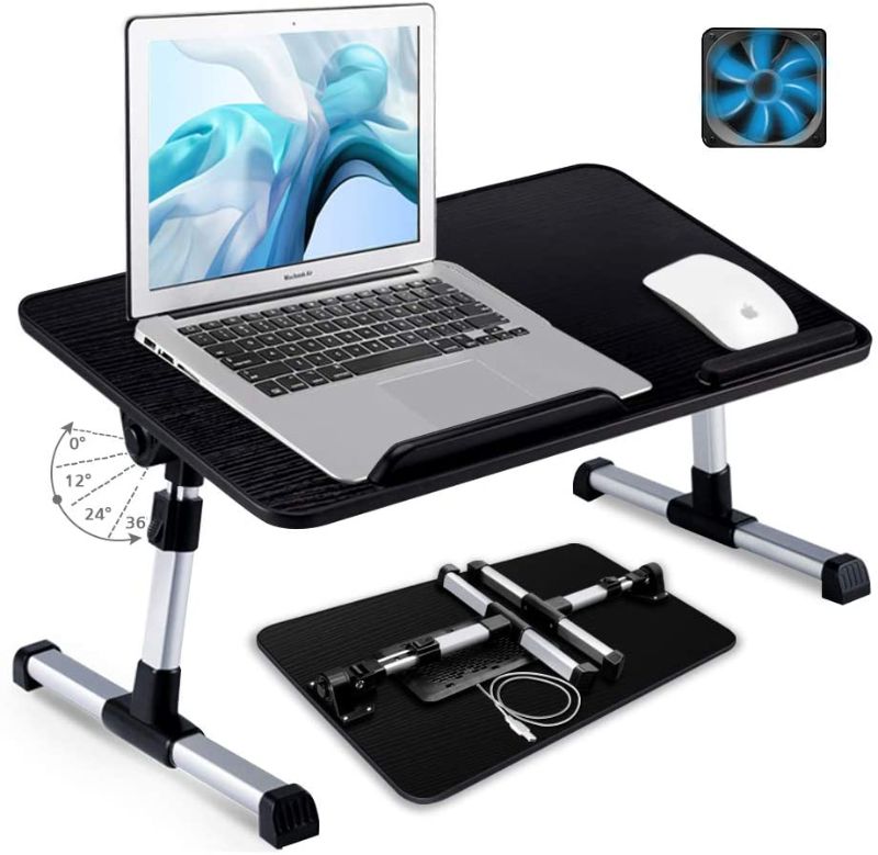 Photo 1 of LEYONA Bed Desk for Laptop and writing,Portable Bed Table (1 Cooling Fan), 23.6" Adjustable Angle and Height laptop Stand with Foldable Legs, Laptop Table for Studying,Eating and Working on Bed/Office/Soft/Couch (Black)
