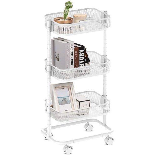 Photo 1 of alvorog 3-Tier Rolling Utility Cart Storage Shelves Multifunction Storage Trolley Service Cart with Mesh Basket Handles and Wheels Easy Assembly for Bathroom, Kitchen, Office (White)
