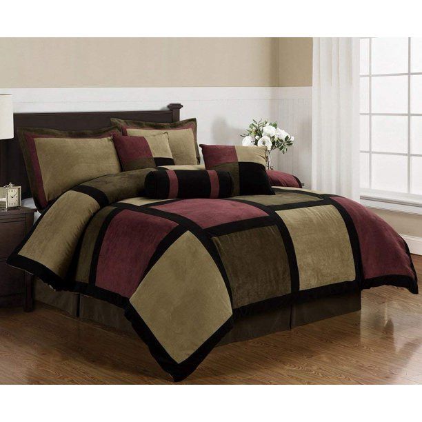 Photo 1 of Chezmoi Collection 7-Piece Micro Suede Burgundy/Brown/Black Patchwork Comforter Set
