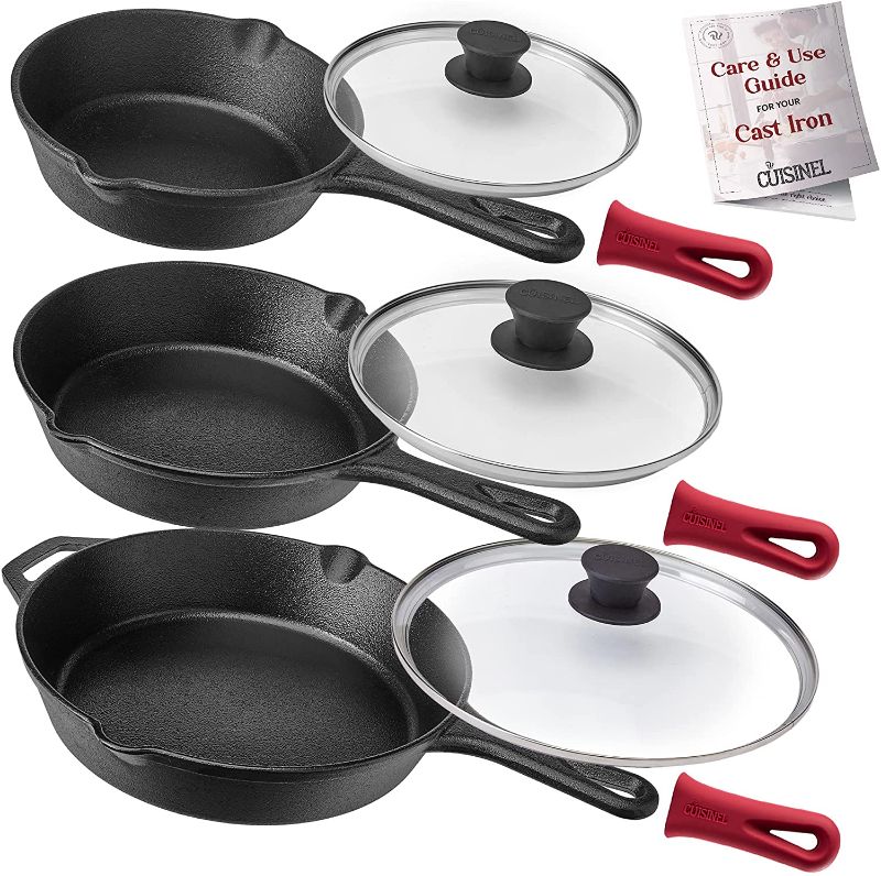 Photo 1 of Cuisinel Cast Iron Skillet Set - 6"+8"+10"-Inch + Glass Lids + Silicone Handle Holder Covers - Pre-seasoned Frying Pan - Oven Safe Cookware - Indoor/Outdoor Use - Grill, BBQ, Stovetop, Induction Safe
