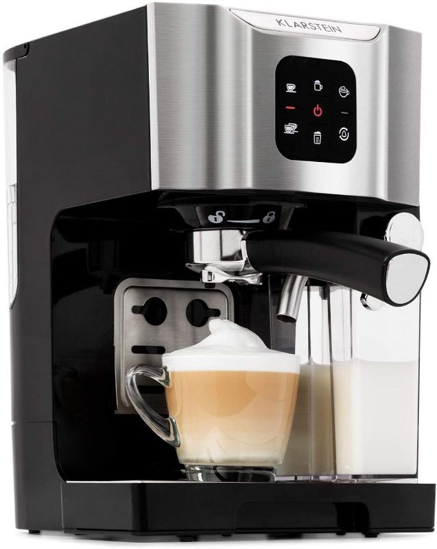 Photo 1 of KLARSTEIN BellaVita Coffee Maker, Self-Cleaning System, 3-in-1 Function for Espresso, Cappuccino, Latte Macchiato, 20-Bar Pump, 1450 W, 1.4L (0.4 gallon) Water Tank, Removable Drip Tray, Grey
