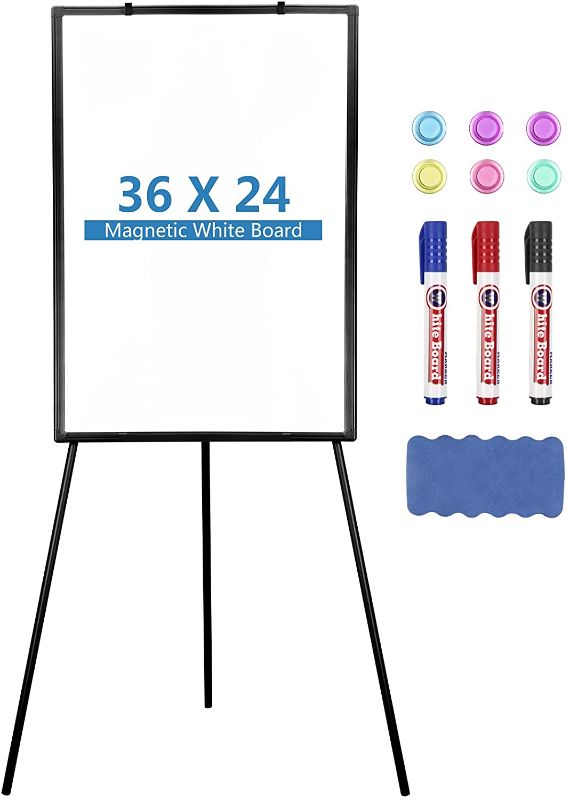 Photo 1 of Easel Whiteboard Tripollo Magnetic Dry Erase Tripod Board 36 x 24 inch Adjustable Flipchart with Paper Clamp and Hooks for Office Home Classroom and Restaurant (Stand Black, 36X24 inch)
