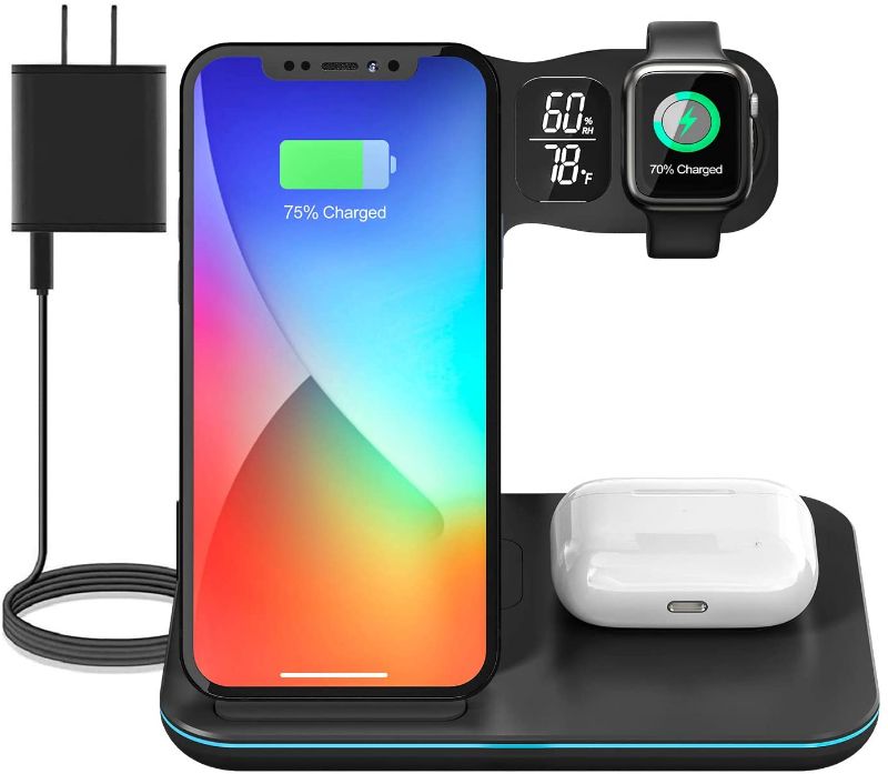 Photo 1 of Wireless Charging Station, 3 in 1 Wireless Charger Stand 15W Fast Charging Pad, Qi-Certified Dock Compatible with iPhone 13/12/11/Pro/XR/XS/X, Apple Watch, AirPods Pro(QC 3.0 Adapter Included)
