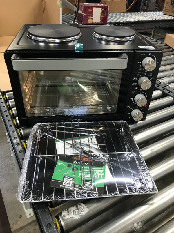 Photo 2 of NutriChef PKRTO28 Kitchen Countertop Multi-function Convection Rotisserie Toaster Oven Cooker w/ 2 Food Warming Hot Plates, Grill Rack, & Baking Tray
