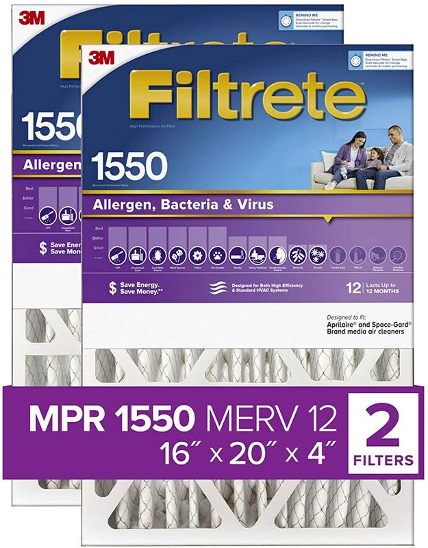 Photo 1 of Filtrete 16x20x4, Deep Pleat AC Furnace Air Filter, MPR 1550, Healthy Living, 2 Pack (exact dimensions 15.68 x 19.68 x 3.81)
