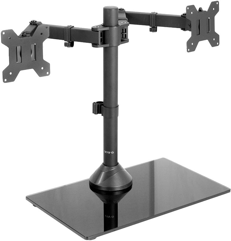 Photo 1 of VIVO Freestanding Black Dual Monitor Stand with Sleek Glass Base and Adjustable Arms, Mounts 2 Screens up to 27 inch and 22 lbs Each, STAND-V002FG
