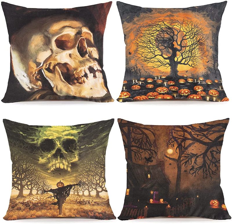 Photo 1 of 2PACK - FUNPENY Halloween Decor, Set of 4 Halloween Pillow Covers 18 x 18 Inch Skull Jack-O-Lantern Cushion Covers for Halloween (Inserts are Not Include)
