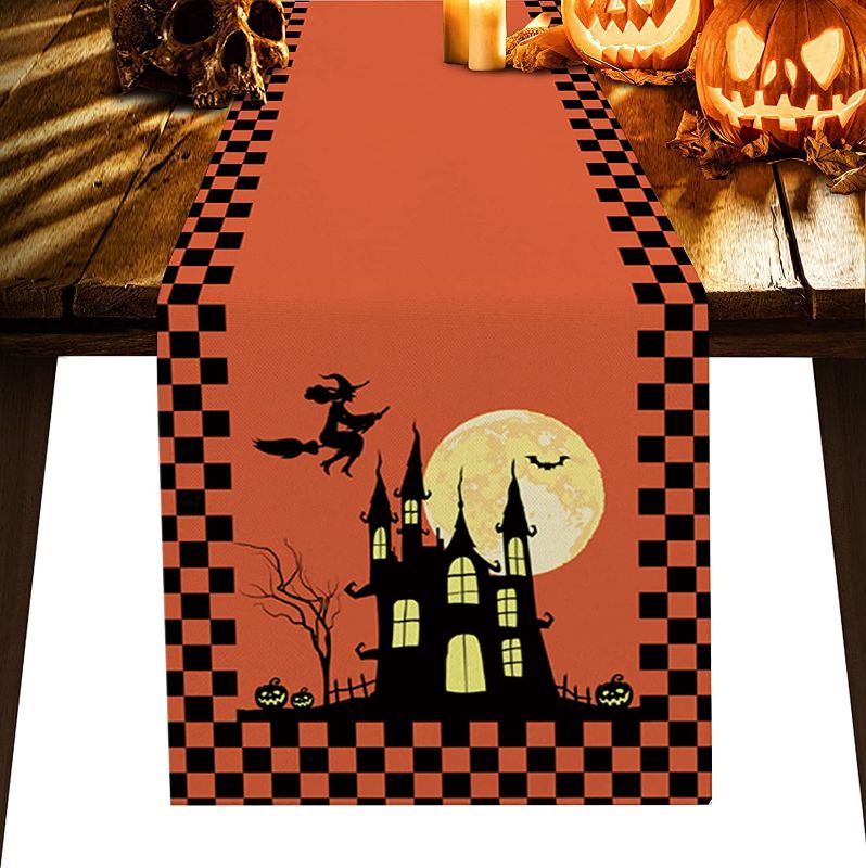 Photo 1 of 3 PACK - Happy Halloween Table Runners Witch Castle with Pumpkin Dresser Scarves Non-Slip Runners for Dining Tables Orange Dinner Runner for Table Decoration Parties Scary Nights Supplies?13x70 inch
