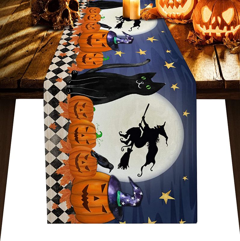 Photo 1 of 2PACK - HELLOWINK Halloween Table Runners 13x70inch, Witch Pumpkin Cat Cotton Linens Table Runner Cloth for Wedding Dinning Room Parties Holiday Dressers Home Decor, Family Movie Night Table Decorations
