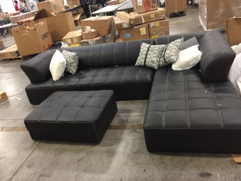 Photo 2 of 3pc Canterbury Sectional Sofa Set--BLACK LEATHER SECTIONAL WITH OTTOMAN AND FIVE THROW PILLOWS--BRAND UNKNOWN--EACH SOFA SECONTIONAL IS 80"LX30"W