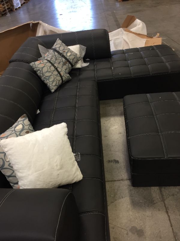 Photo 3 of 3pc Canterbury Sectional Sofa Set--BLACK LEATHER SECTIONAL WITH OTTOMAN AND FIVE THROW PILLOWS--BRAND UNKNOWN--EACH SOFA SECONTIONAL IS 80"LX30"W