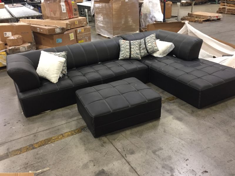 Photo 1 of 3pc Canterbury Sectional Sofa Set--BLACK LEATHER SECTIONAL WITH OTTOMAN AND FIVE THROW PILLOWS--BRAND UNKNOWN--EACH SOFA SECONTIONAL IS 80"LX30"W
