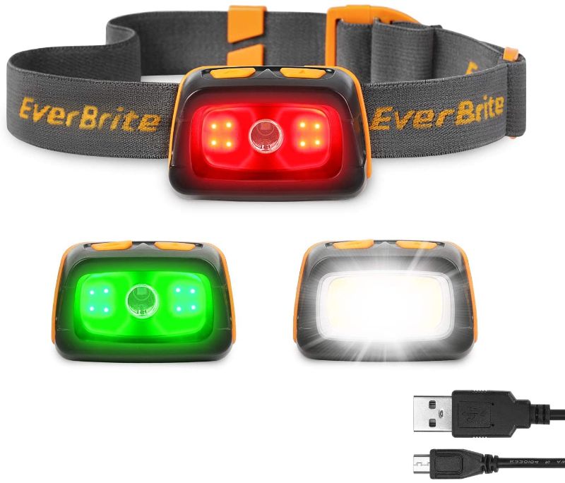 Photo 1 of EverBrite Rechargeable Headlamp - 350 Lumens Headlight with Red/Green Light and Tail Light, 7 Lighting Modes with Memory Function, IPX4 Water Resistant Perfect for Trail Running, Camping and Hiking