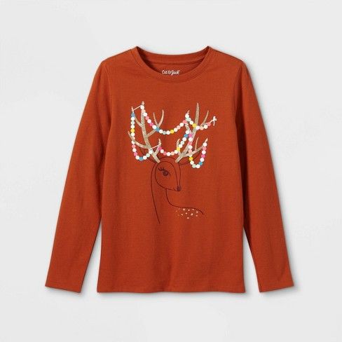 Photo 1 of Girls' 'Festive Deer' Long Sleeve Graphic T-Shirt - Cat & Jack™ Dark Orange XL Plus