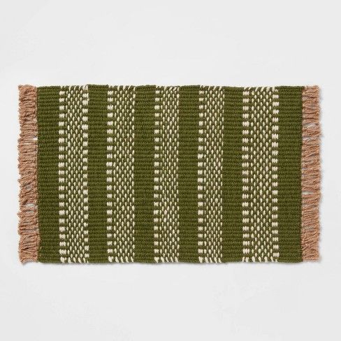 Photo 1 of 34" x 20" Cotton Striped Kitchen Rug Green - Threshold™